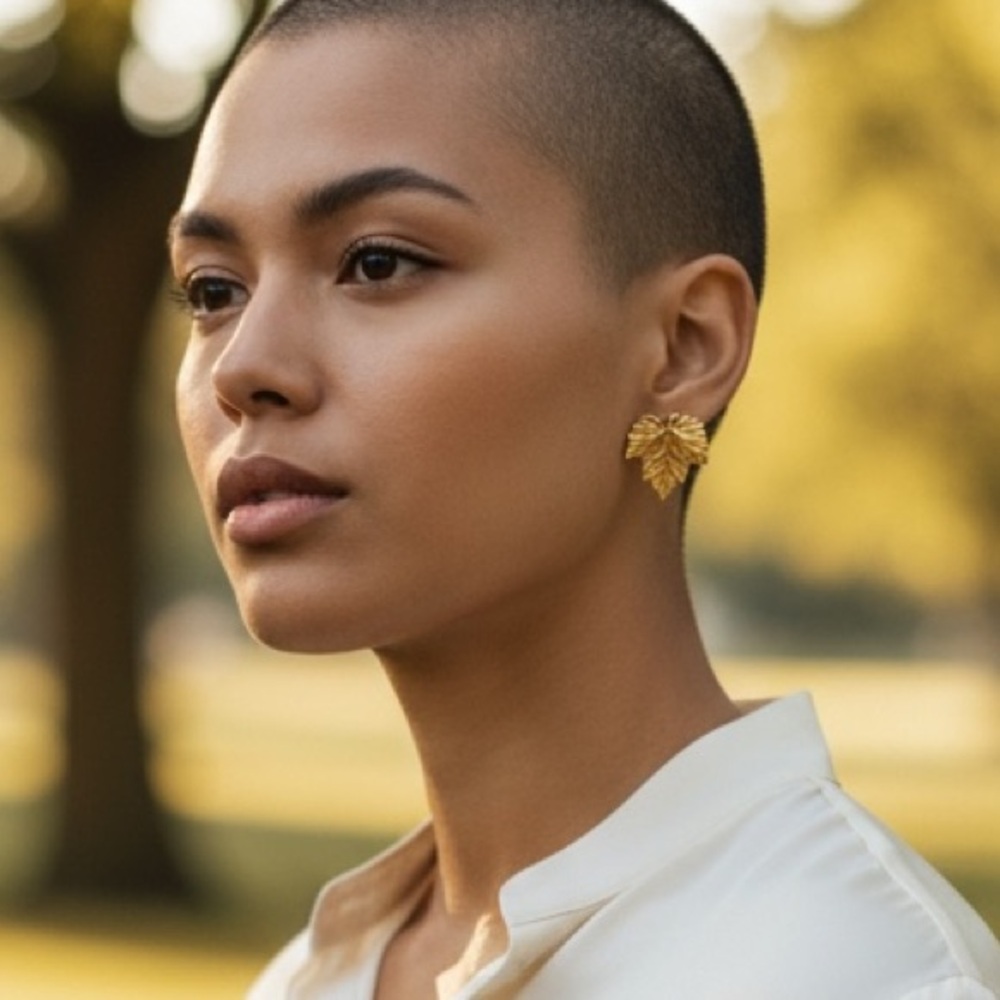 Vintage etched gold tone leaf earrings - estate